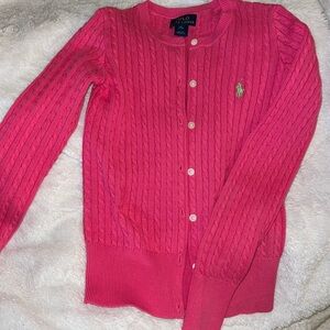 Polo Ralph Lauren cardigan, cable knit, hot pink with lime, green polo horse
